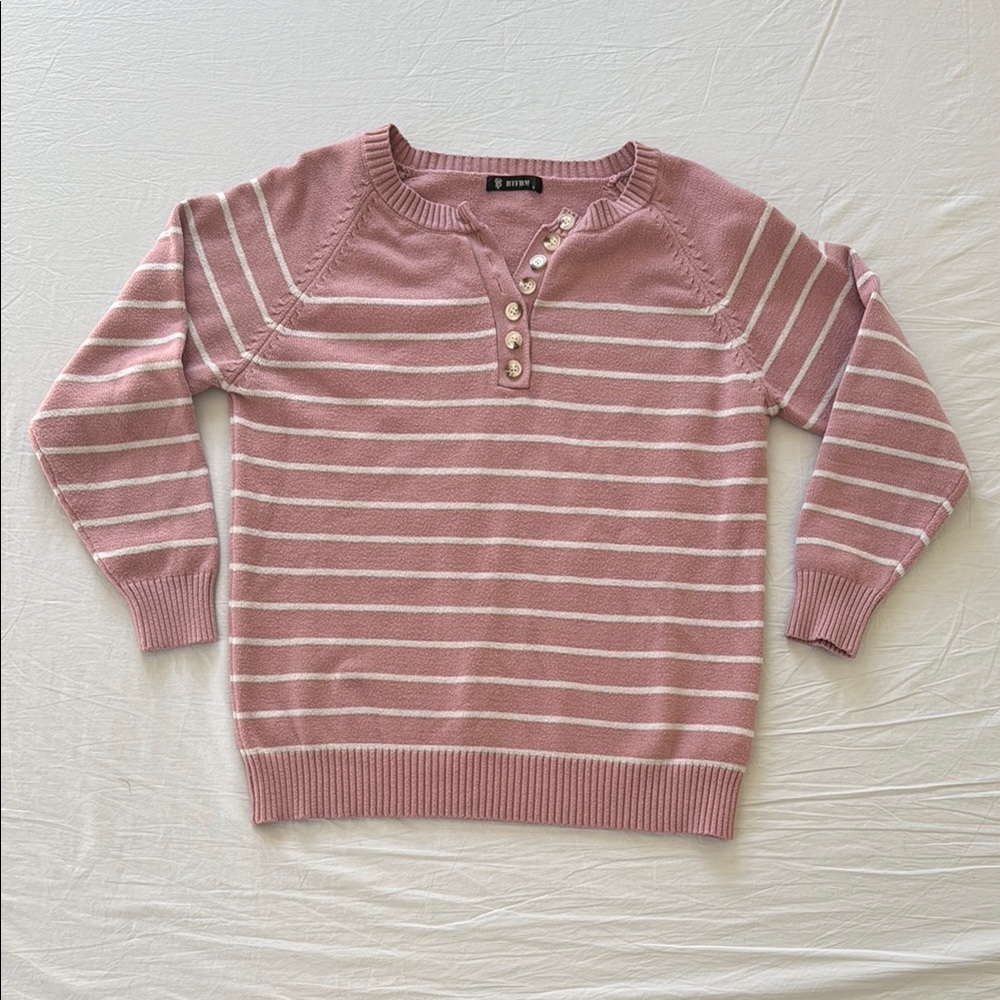 Women's Pink Striped Henley Sweater